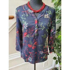 Fig Women's Blue Floral Polyester Henley Neck Long Sleeve Casual Blouse Size M